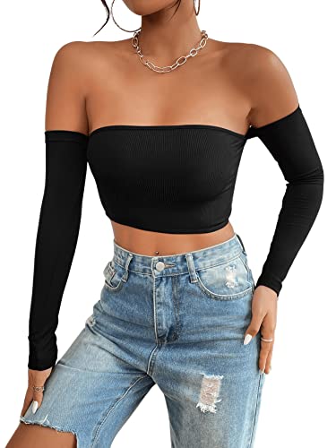 GORGLITTER Crop Tops Damen Y2k Schulterfreies Oberteil Eng Langarm Crop Top Sexy Bauchfrei Top Rückenfreie Tops Schwarz L von GORGLITTER