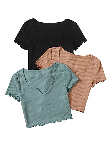 GORGLITTER Crop Tshirt Damen Set Crop Top 3er Wellensaum Oberteil Bauchfreie Tops Set Sommer Tshirt Mit Rippenstrick Schwarz Khaki und Grün L von GORGLITTER