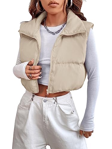 GORGLITTER Crop Weste Damen Puffer Steppweste Ärmellose Weste Mit Reißverschluss Steppjacke Leicht Übergangsweste Puffer Jacke Kurz Aprikosenfarben L von GORGLITTER