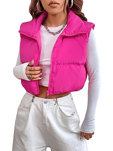 GORGLITTER Crop Weste Damen Puffer Steppweste Ärmellose Weste Mit Reißverschluss Steppjacke Leicht Übergangsweste Puffer Jacke Kurz Heißes Pink M von GORGLITTER