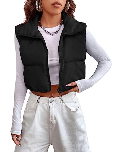 GORGLITTER Crop Weste Damen Puffer Steppweste Ärmellose Weste Mit Reißverschluss Steppjacke Leicht Übergangsweste Puffer Jacke Kurz Schwarz S von GORGLITTER