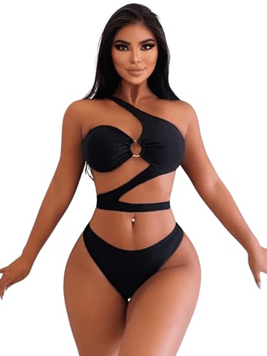 GORGLITTER Cut Out Bikini Damen Set One Shoulder Bikini Mit Ring Sexy Bikini Mit Kreuzgurt Zweiteiliger Badeanzug Schwarz L von GORGLITTER