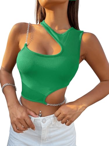 GORGLITTER Cut Out Oberteil Damen Sexy Crop Top Mit Ketten Y2k Crop Tops Rippenstrick Tshirt Asymmetrisches Crop Top Grün S von GORGLITTER