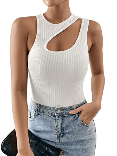 GORGLITTER Cut Out Top Damen Sexy Tank Top Mit Ausschnitt Shirt Mit Rippenstrick Sommer Tops Y2k Oberteil Eng Weiß M von GORGLITTER