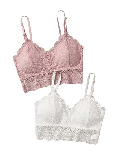 GORGLITTER Damen 2 Stücke BH Set Bauchfrei Tops Sexy Spitze Cami Crop Bralettes Spitzentop Bustiers 2 Packe BH Set mit Blumen Spitzen Rosa und Weiß M von GORGLITTER