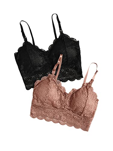 GORGLITTER Damen 2 Stücke BH Set Bauchfrei Tops Sexy Spitze Cami Crop Bralettes Spitzentop Bustiers 2 Packe BH Set mit Blumen Spitzen Schwarz und Braun M von GORGLITTER