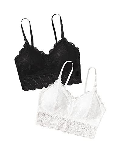 GORGLITTER Damen 2 Stücke BH Set Bauchfrei Tops Sexy Spitze Cami Crop Bralettes Spitzentop Bustiers 2 Packe BH Set mit Blumen Spitzen Schwarz und Weiss L von GORGLITTER