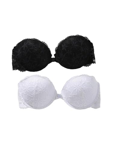 GORGLITTER Damen 2 Stücke Trägerloser BHS Frontverschluss BH Push UP Bügel Bralette Spitzen Bra mit Bügel Bustier Gepolsterter Bandeau BH Weiß Mehrfarbig 75B von GORGLITTER