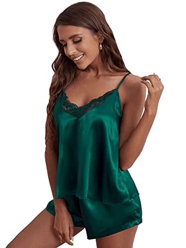 GORGLITTER Damen 2-Teile Pyjama Sets Satin Cami Top und Shorts mit Spitzen Nachtwäsche Set Elegant Schlafanzug Set Grün L von GORGLITTER