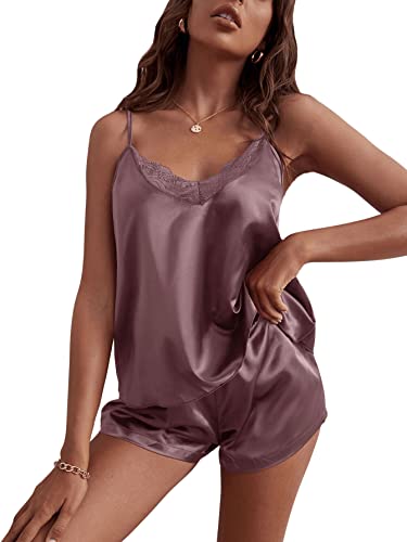 GORGLITTER Damen 2-Teile Pyjama Sets Satin Cami Top und Shorts mit Spitzen Nachtwäsche Set Elegant Schlafanzug Set Mauve Lila S von GORGLITTER