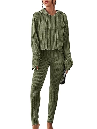 GORGLITTER Damen 2 Teiler Set Zweiteiler Outfit Hoodie Und Hose Set Rippenstrick Set Hosenanzug Casual Loungewear Streetwear Jogginganzug Grün S von GORGLITTER