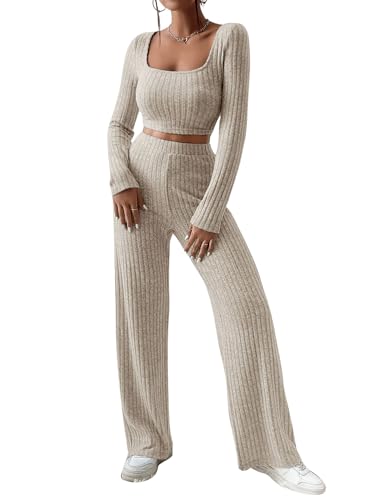 GORGLITTER Damen 2 Teilig Set Crop Langarmshirt und Hose Zweiteiliger Outfit Set Herbst Streetwear Tracksuit Breites Bein Pants Aprikosenfarben L von GORGLITTER