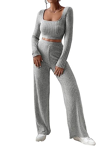 GORGLITTER Damen 2 Teilig Set Crop Langarmshirt und Hose Zweiteiliger Outfit Set Herbst Streetwear Tracksuit Breites Bein Pants Hellgrau XS von GORGLITTER