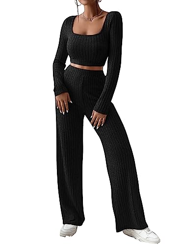 GORGLITTER Damen 2 Teilig Set Crop Langarmshirt und Hose Zweiteiliger Outfit Set Herbst Streetwear Tracksuit Breites Bein Pants Schwarz L von GORGLITTER