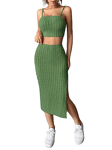 GORGLITTER Damen 2-Teiliger Rock und Top Sets Crop Camitop mit Schlitz Midirock Sommer Outfit Camisole Kombiset Grün M von GORGLITTER