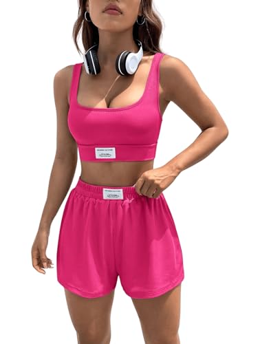 GORGLITTER Damen 2 Teiliger Set Crop Tanktop und Shorts Zweiteiliger Outfit Sommer Streetwear Tracksuit Tranninganzug Heißes Pink L von GORGLITTER