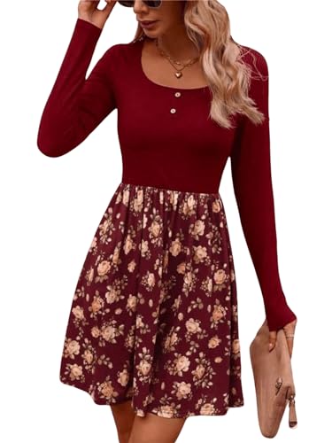 GORGLITTER Damen 2 in 1 Kleid Langarm Freizeitkleid A Linie Kurz Kleider Partykleid Bohokleid Herbst Kleider mit U-Ausschnitt Mehrfarbig Bordeaux L von GORGLITTER