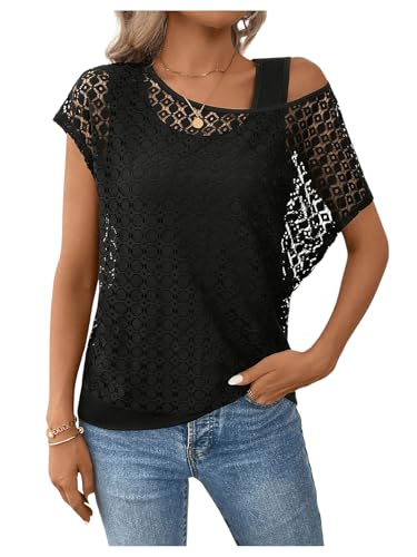 GORGLITTER Damen 2 in 1 Oberteiel Kurzarmshirts Fledermausärmel T-Shirts Lässig Tunika mit Spitzen Schwarz XL von GORGLITTER