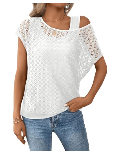GORGLITTER Damen 2 in 1 Oberteiel Kurzarmshirts Fledermausärmel T-Shirts Lässig Tunika mit Spitzen Weiß L von GORGLITTER