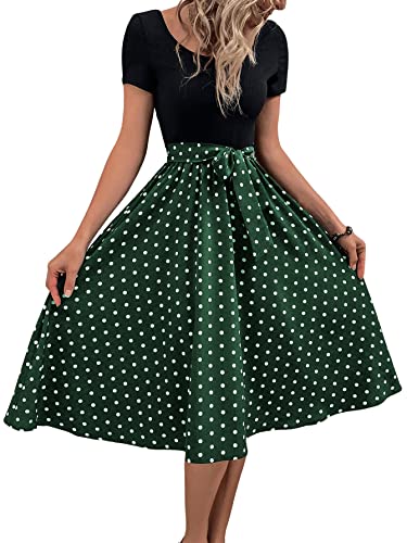 GORGLITTER Damen 2 in 1 T-Shirt Midikeider Polka Dots Freizeitkleid A Linie Sommerkleid Kurzarm Skaterkleid mit Gürtel Schwarz und Grün S von GORGLITTER