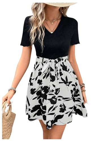GORGLITTER Damen 2 in 1 Tshirt Kleid Freizeitkleid A-Linie Sommerkleid Geblümt Bohokleid Shortskleid Urlaubkleid mit Gürtel Weiß XS von GORGLITTER