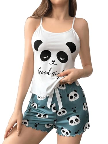 GORGLITTER Damen 2-teilige Pyjama Sets Süße Schlafanzug mit Cartoon Loungewear Sommer Camitop und Short Hauseanzug Pjama Set Blau L von GORGLITTER