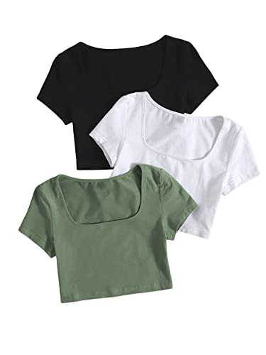 GORGLITTER Damen 3 Packe Bauchfrei T-Shirts U-Ausschnitt Crop Top Kurze Oberteile Basic Kurzarmshirts Schwarz, Weiß, Grün XS von GORGLITTER