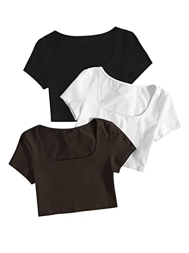 GORGLITTER Damen 3 Packe Bauchfrei T-Shirts U-Ausschnitt Crop Top Kurze Oberteile Basic Kurzarmshirts Schwarz, Weiß, Khaki L von GORGLITTER