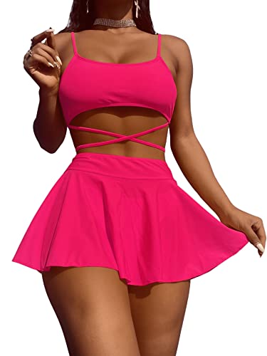 GORGLITTER Damen 3 Packe Bikini und Strandrock Set Bademode 3-teiliges Träger Strandanzug Kreuzgurt Swimmwear Swimsuit Sets Heißes Pink M von GORGLITTER