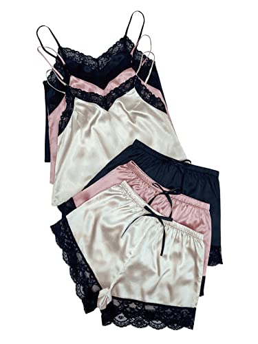 GORGLITTER Damen 3 Sets Cami Top mit Spitzenbesatz und Shorts Nachtwäsche Set Satin Pajama Sets Farbblock Schlafanzug Set Schwarz+Rosa+Beige M von GORGLITTER