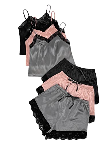 GORGLITTER Damen 3 Sets Cami Top mit Spitzenbesatz und Shorts Nachtwäsche Set Satin Pajama Sets Farbblock Schlafanzug Set Schwarz+Rosa+Grau M von GORGLITTER