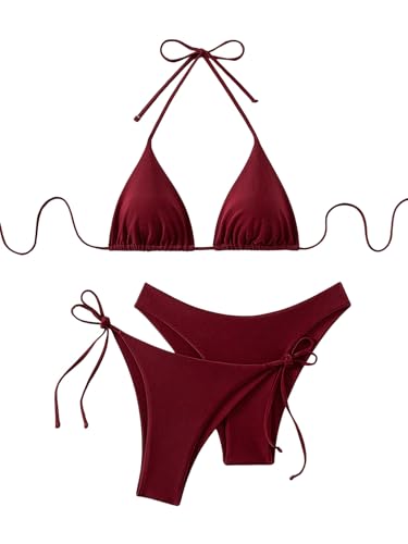 GORGLITTER Damen 3 Stück Bikini Sets Neckholder Bikini-Sets Swimwear Dreiteilige Swimsuits Triangle Rückenfrei Bikinis Bikinihose mit Schleifen Bordeaux M von GORGLITTER