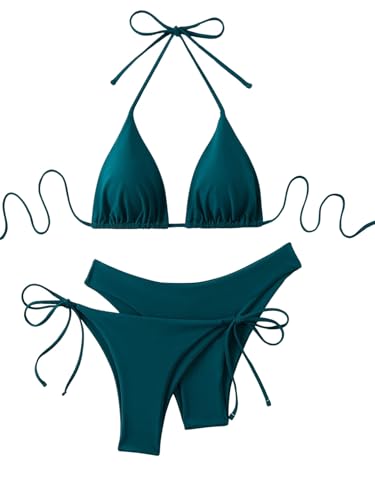 GORGLITTER Damen 3 Stück Bikini Sets Neckholder Bikini-Sets Swimwear Dreiteilige Swimsuits Triangle Rückenfrei Bikinis Bikinihose mit Schleifen Dunkelgrün XL von GORGLITTER