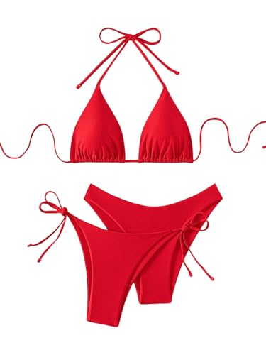 GORGLITTER Damen 3 Stück Bikini Sets Neckholder Bikini-Sets Swimwear Dreiteilige Swimsuits Triangle Rückenfrei Bikinis Bikinihose mit Schleifen Rot L von GORGLITTER
