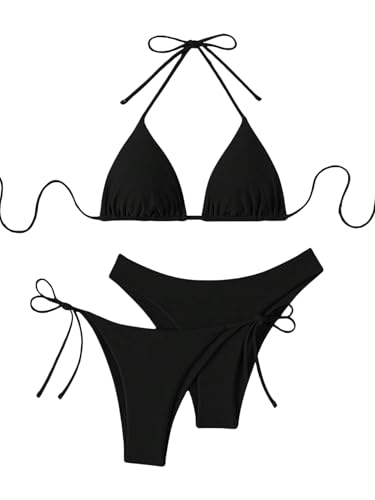 GORGLITTER Damen 3 Stück Bikini Sets Neckholder Bikini-Sets Swimwear Dreiteilige Swimsuits Triangle Rückenfrei Bikinis Bikinihose mit Schleifen Schwarz L von GORGLITTER