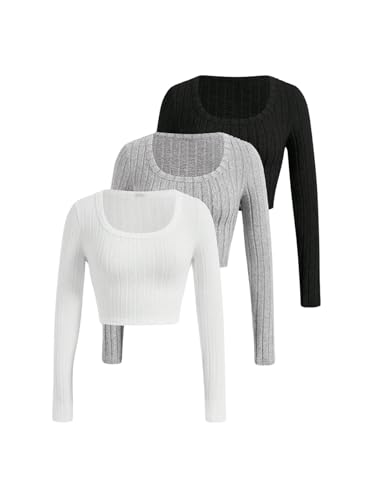 GORGLITTER Damen 3 Stücke Crop T-Shirts Bauchfreies Oberteil Crew Neck Langarm Crop Top Classic Tops Weiß Mehrfarbig M von GORGLITTER