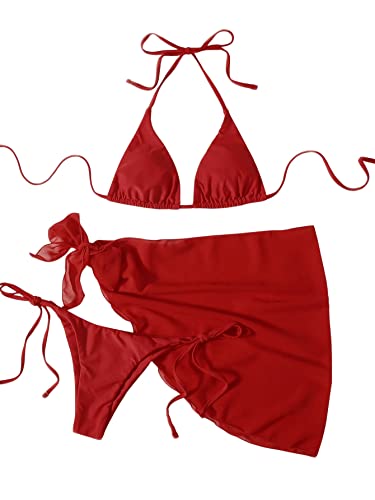 GORGLITTER Damen 3-teilige Bikini Set mit Strandrock Badeanzuge Dreieckiger Bikini Tanga Badedrock Swimsuit Set mit Knoten Rot L von GORGLITTER