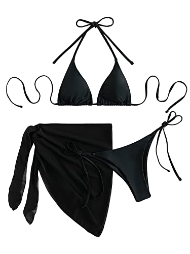 GORGLITTER Damen 3-teilige Bikini Set mit Strandrock Badeanzuge Dreieckiger Bikini Tanga Badedrock Swimsuit Set mit Knoten Schwarz M von GORGLITTER