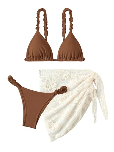 GORGLITTER Damen 3-teilige Bikini Set mit Strandrock Badeanzuge Triangel Bikinitop Tanga Badedrock Swimsuit Strandmode Set Braun XL von GORGLITTER