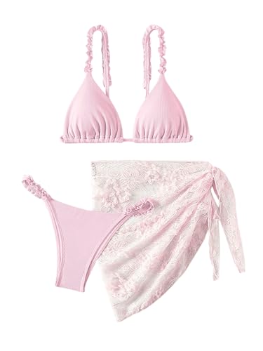 GORGLITTER Damen 3-teilige Bikini Set mit Strandrock Badeanzuge Triangel Bikinitop Tanga Badedrock Swimsuit Strandmode Set Rosa M von GORGLITTER