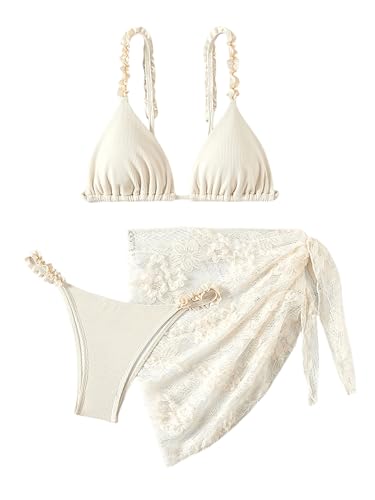 GORGLITTER Damen 3-teilige Bikini Set mit Strandrock Badeanzuge Triangel Bikinitop Tanga Badedrock Swimsuit Strandmode Set Weiß M von GORGLITTER
