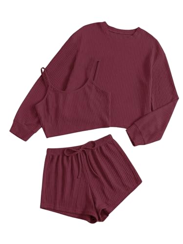 GORGLITTER Damen 3-teilige Set Loungewear Pyjama Sets mit Langarmshirt Camitop und Short Schlafanzug Hausanzug Tranining Kombine Set Bordeaux M von GORGLITTER