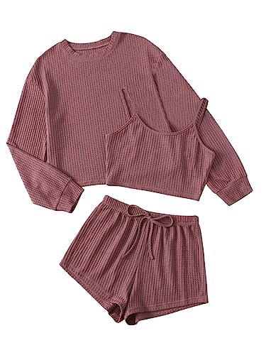 GORGLITTER Damen 3-teilige Set Loungewear Pyjama Sets mit Langarmshirt Camitop und Short Schlafanzug Hausanzug Tranining Kombine Set Grau-Rosa L von GORGLITTER