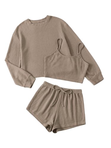 GORGLITTER Damen 3-teilige Set Loungewear Pyjama Sets mit Langarmshirt Camitop und Short Schlafanzug Hausanzug Tranining Kombine Set Mokka Braun L von GORGLITTER