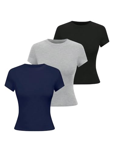 GORGLITTER Damen 3er Pack T-Shirt Kurzarm Tops Basicshirt Casualshirt Einfarbig Kurzarmshirt 3 Stücke Sommershirt Schwarz Multi L von GORGLITTER