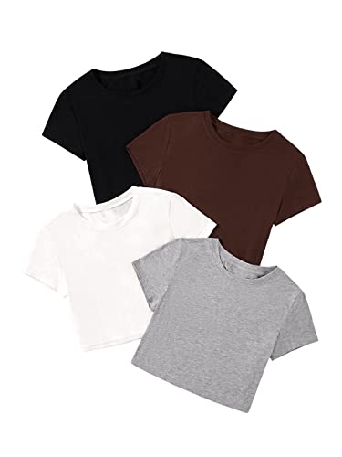 GORGLITTER Damen 4 Packe Bauchfrei T-Shirts Rundhals Crop Top Kurze Oberteile Basic Kurzarmshirts Schwarz, Braun, Weiß, Grau L von GORGLITTER