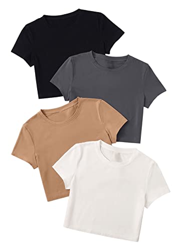 GORGLITTER Damen 4 Packe Bauchfrei T-Shirts Rundhals Crop Top Kurze Oberteile Basic Kurzarmshirts Schwarz, Grau, Khaki, Weiß L von GORGLITTER