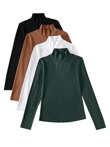 GORGLITTER Damen 4 Packe Langarm T-Shirts Stehkragen Oberteile Basic Langarmshirts Casaul 4 Stücke Tops Schwarz Braun Weiß und Grün L von GORGLITTER