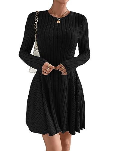 GORGLITTER Damen A-Linie Freizeitkleid Rundkragen Kurz Kleider Hohe Taille Langarm Skaterkleid Schwarz XS von GORGLITTER