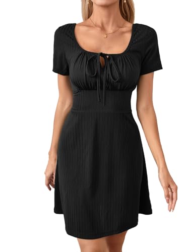 GORGLITTER Damen A-Linie Kleid Elegant Sommerkleid Rüschenbüste Kurzkleid Freizeitkleid mit Eckigem Ausschnitt Schwarz S von GORGLITTER